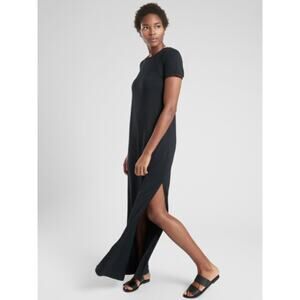 ATHLETA Womens XS Black Side Slit Boulevard Resort Travel T-Shirt Maxi Dress